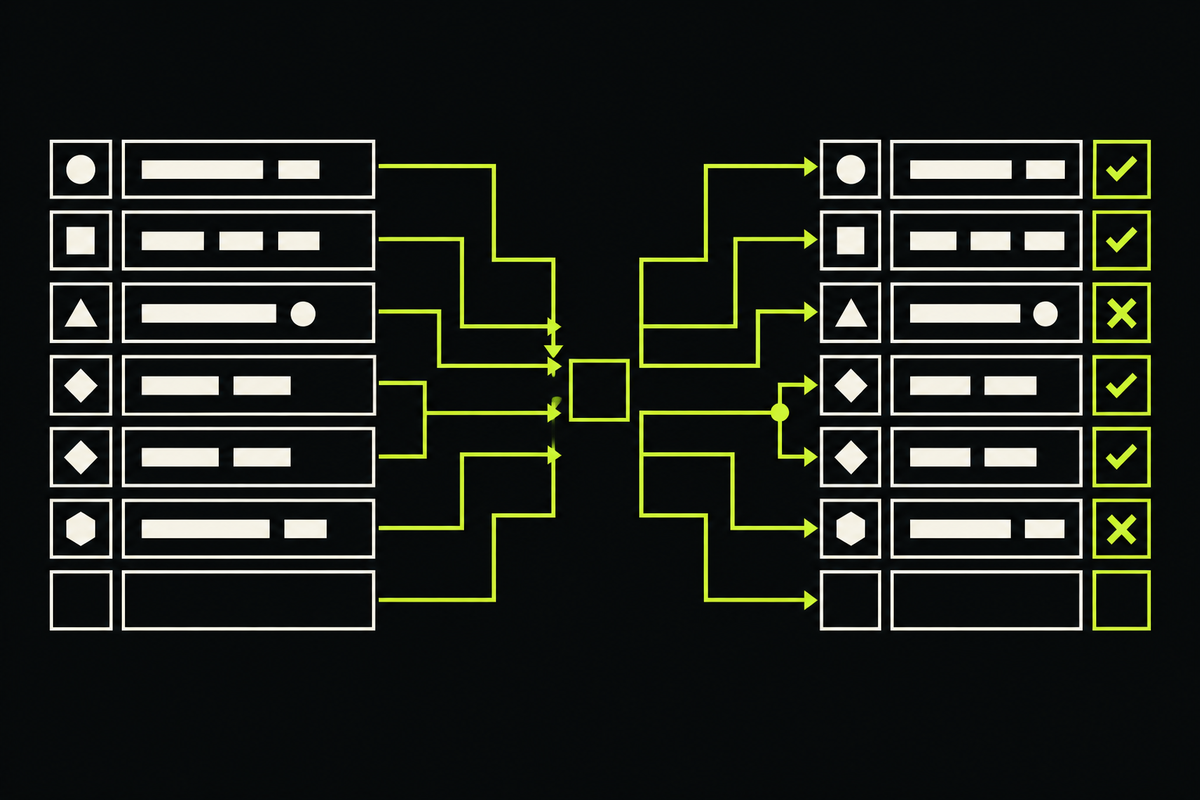 A CSV grid passes through an email verification gate while row identifiers stay aligned and four result lanes remain separate.