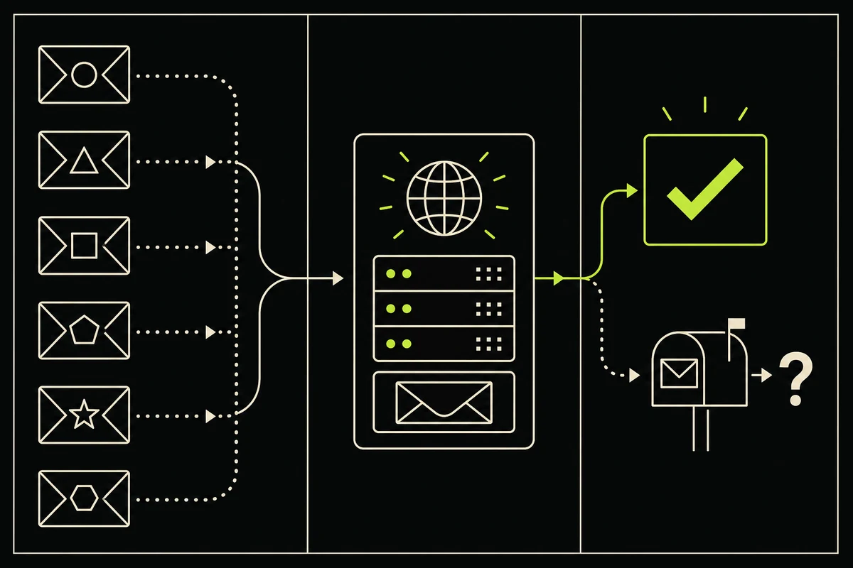 Multiple recipient addresses are accepted by one catch-all mail server while a specific mailbox remains uncertain.