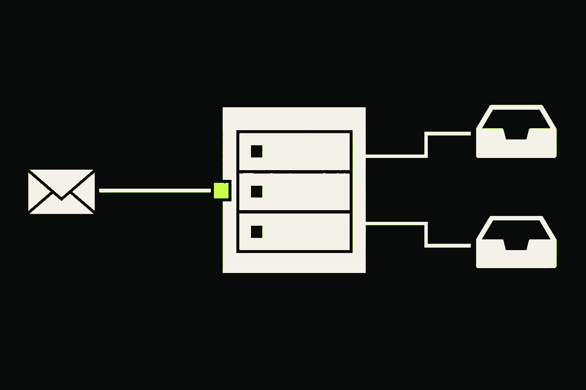 An envelope reaches a mail server that accepts it, while the server’s hidden alias route branches to two destination inboxes.