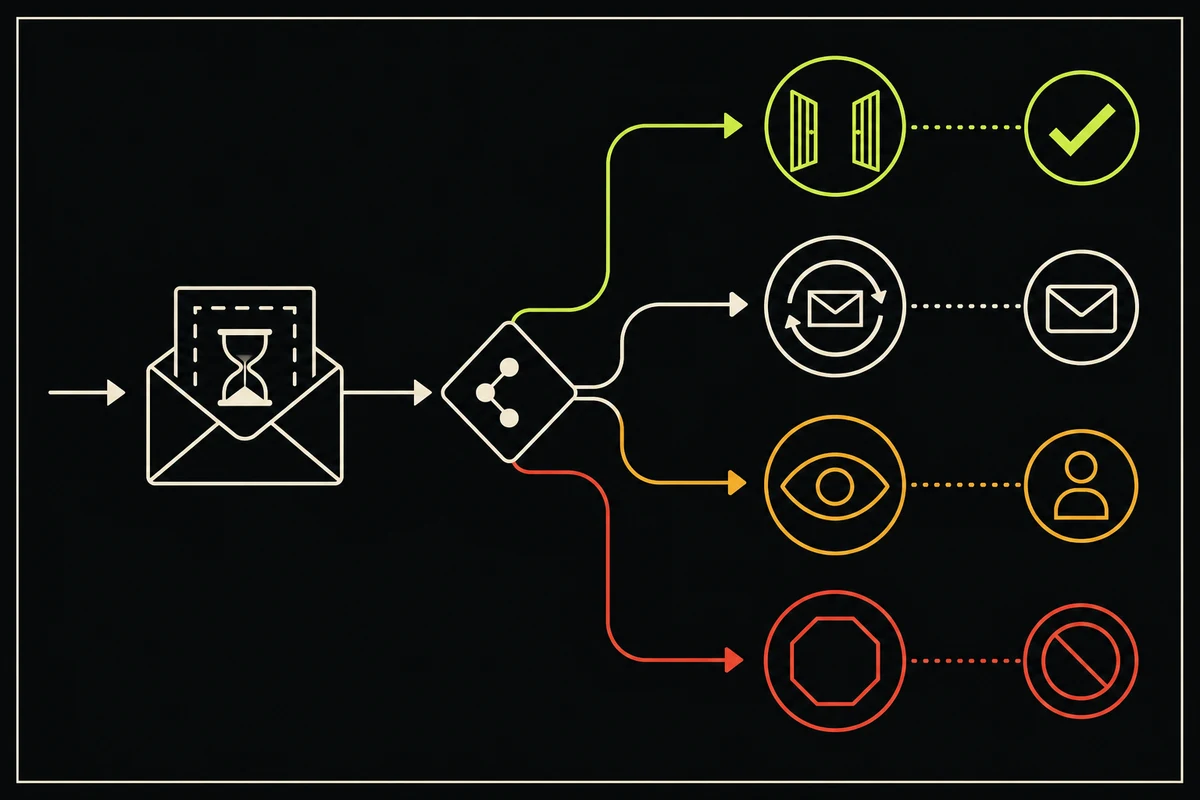 A temporary inbox enters a policy junction that branches to allow, confirm, review, or block outcomes.