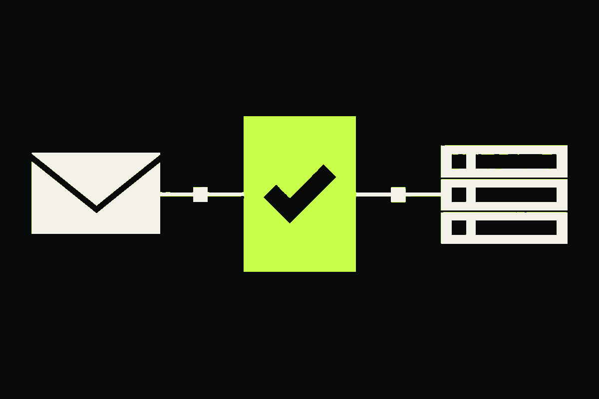 An email address passes through a lime confirmation gate before joining an active subscription list.