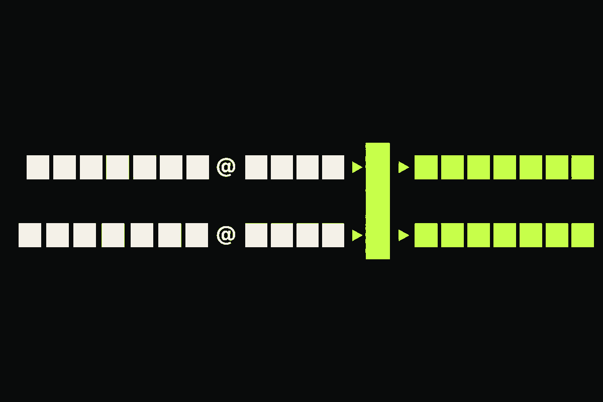 Two different ivory email local-part token rows keep their shapes while identical lime domain tokens emerge from a normalization gate.