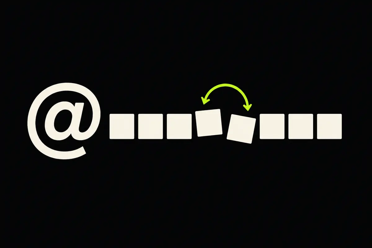 Email typo correction shown as two transposed square address tiles beside an at sign, with a lime swap marker.