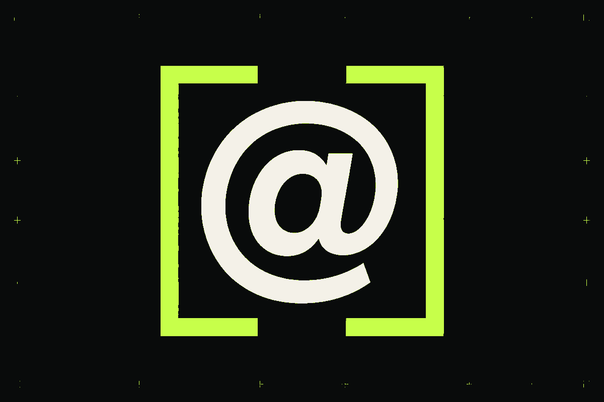 An ivory at-sign sits inside a lime square-cornered syntax gate on a black developer grid.
