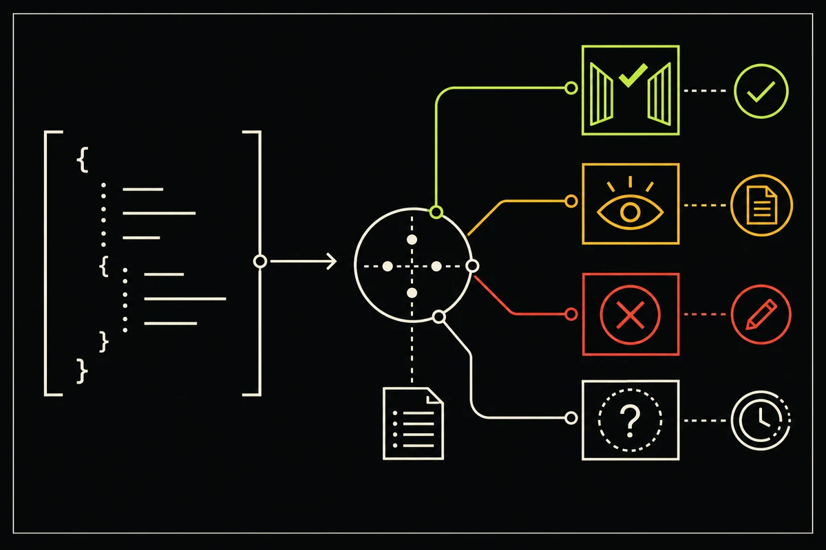 An API response branches into allow, review, correct, or retry actions while preserving the reason in logs.