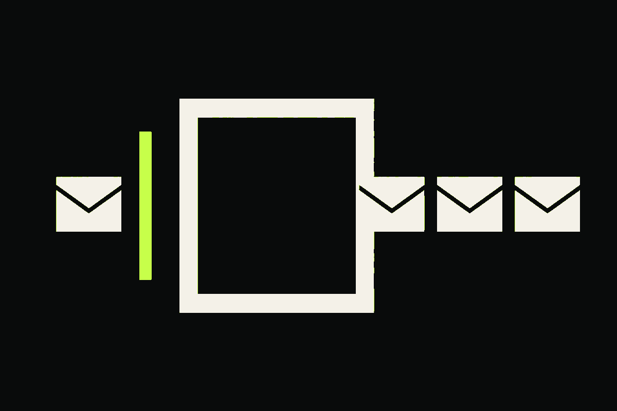 One external email envelope stops at a lime cutoff bar while three Google-hosted sender envelopes continue through a mail gateway.