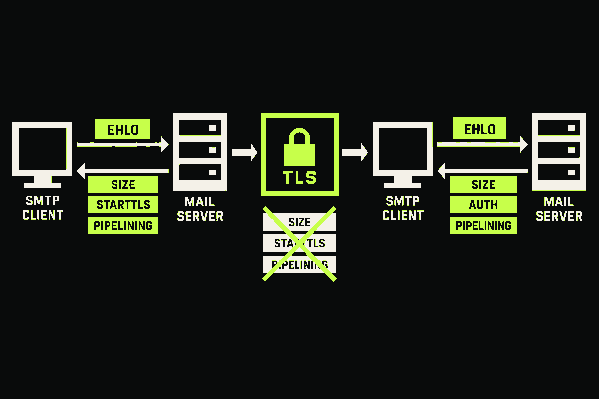 An SMTP session uses EHLO to discover extensions, resets them at STARTTLS, then sends EHLO again inside the encrypted connection.