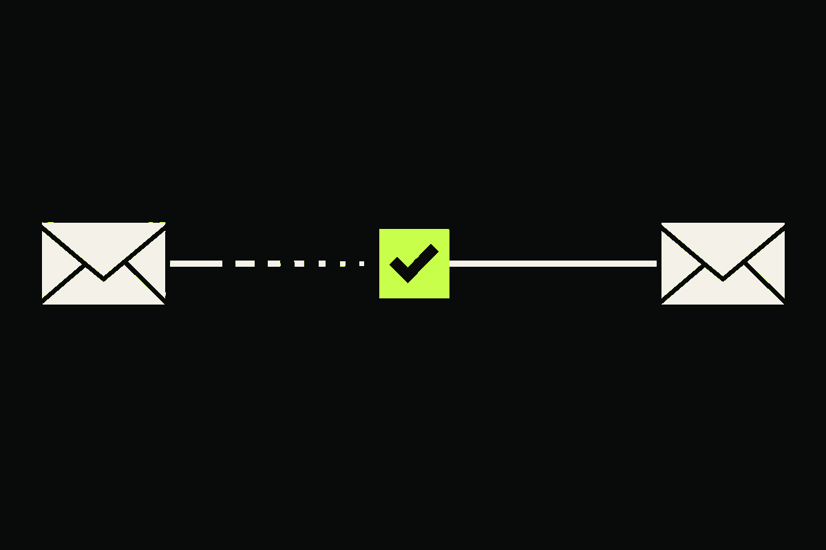 Two ivory email envelopes are connected by an aging dotted route that becomes solid after passing through a lime verification checkpoint.