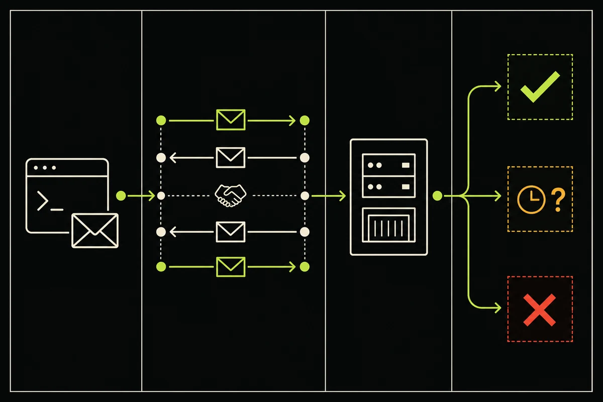 An SMTP client and mail server exchange recipient-check signals before branching to accepted, uncertain, or rejected results.