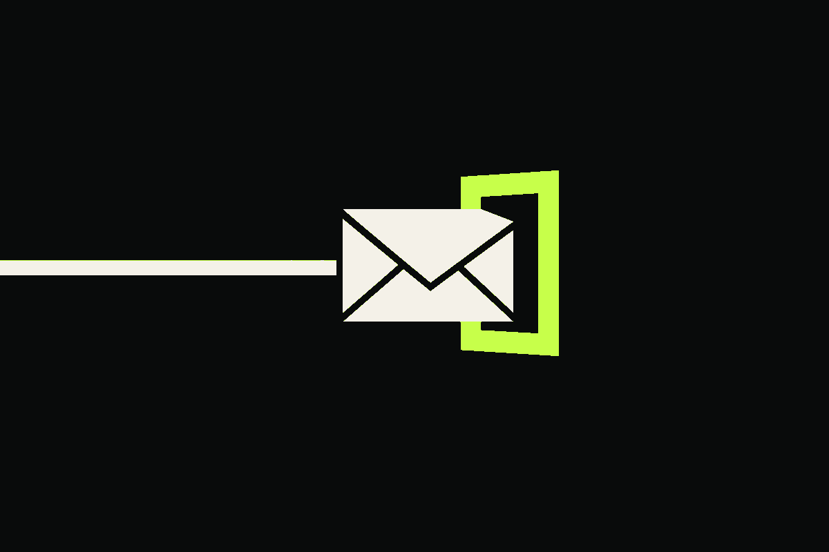 An ivory email envelope passes through one lime unsubscribe gate, where its delivery path ends.