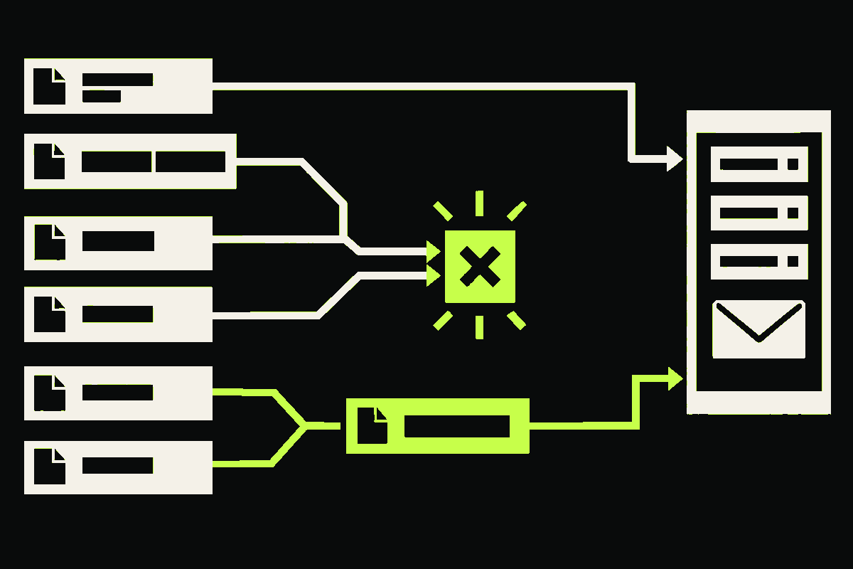 A DNS record flow separates unrelated TXT data and one safely split SPF string from two conflicting SPF records that produce permerror.