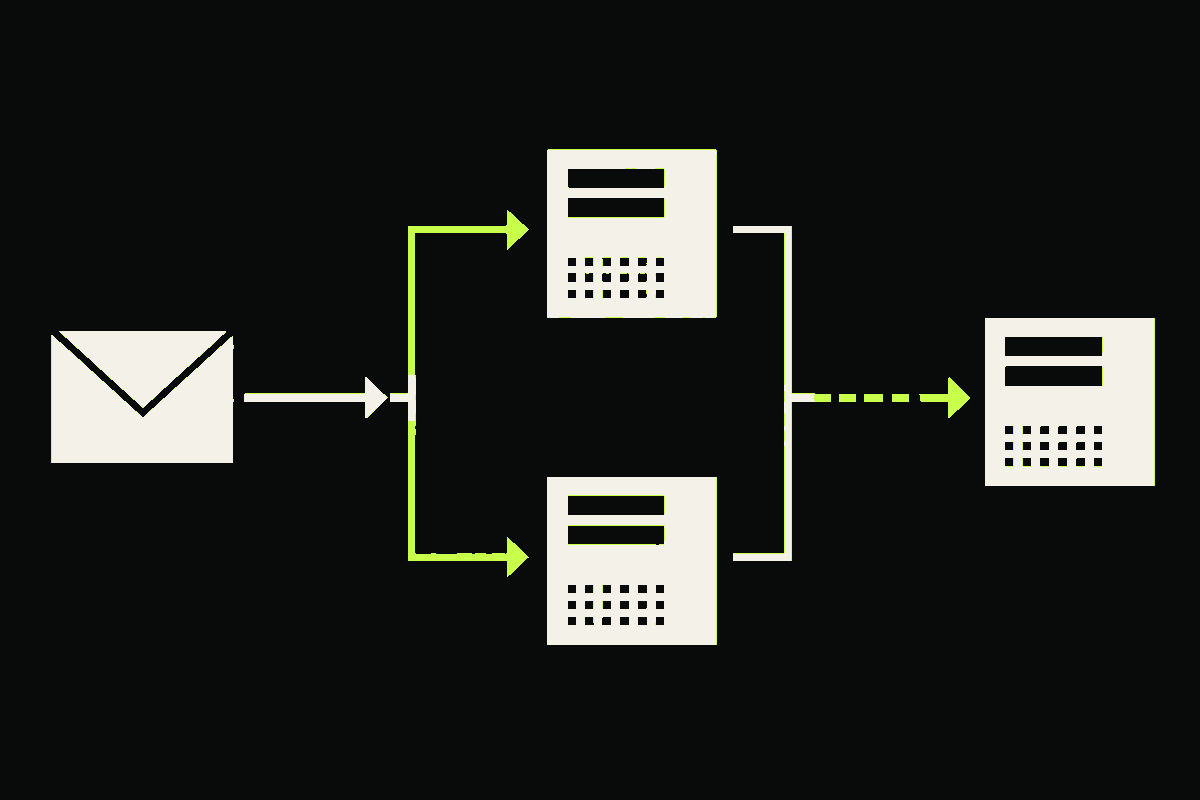 Two equal-priority mail exchangers share the first routing tier while a higher-numbered backup exchanger waits on a separate path.