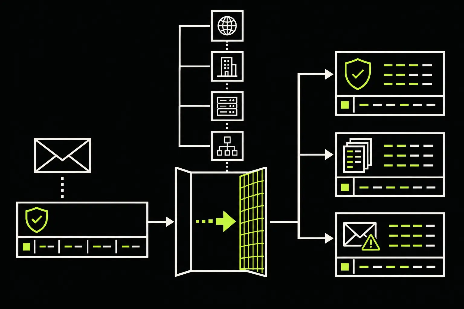 RFC 9989 migration diagram showing one legacy DMARC record passing through a DNS tree walk into core policy, aggregate reporting, and failure reporting.