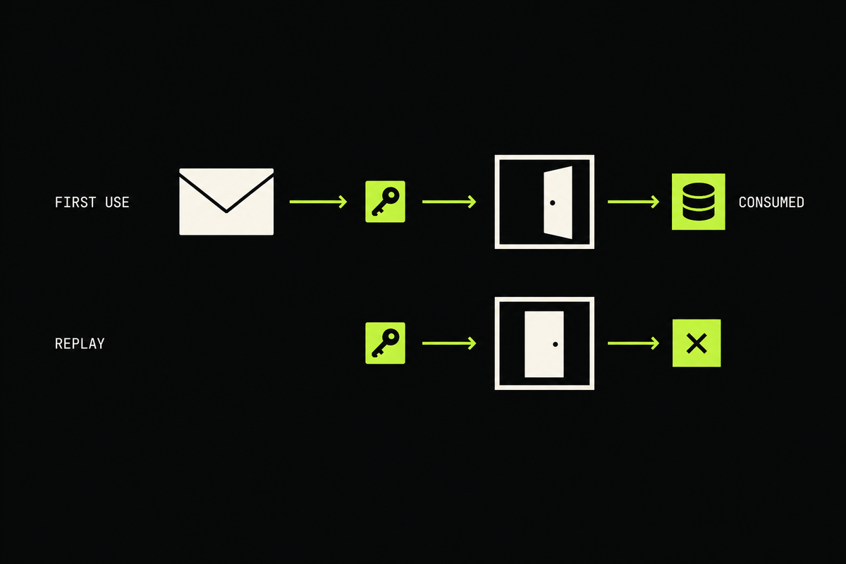 A single-use email verification token passes through an atomic gate once while a replay attempt stops at the closed gate.