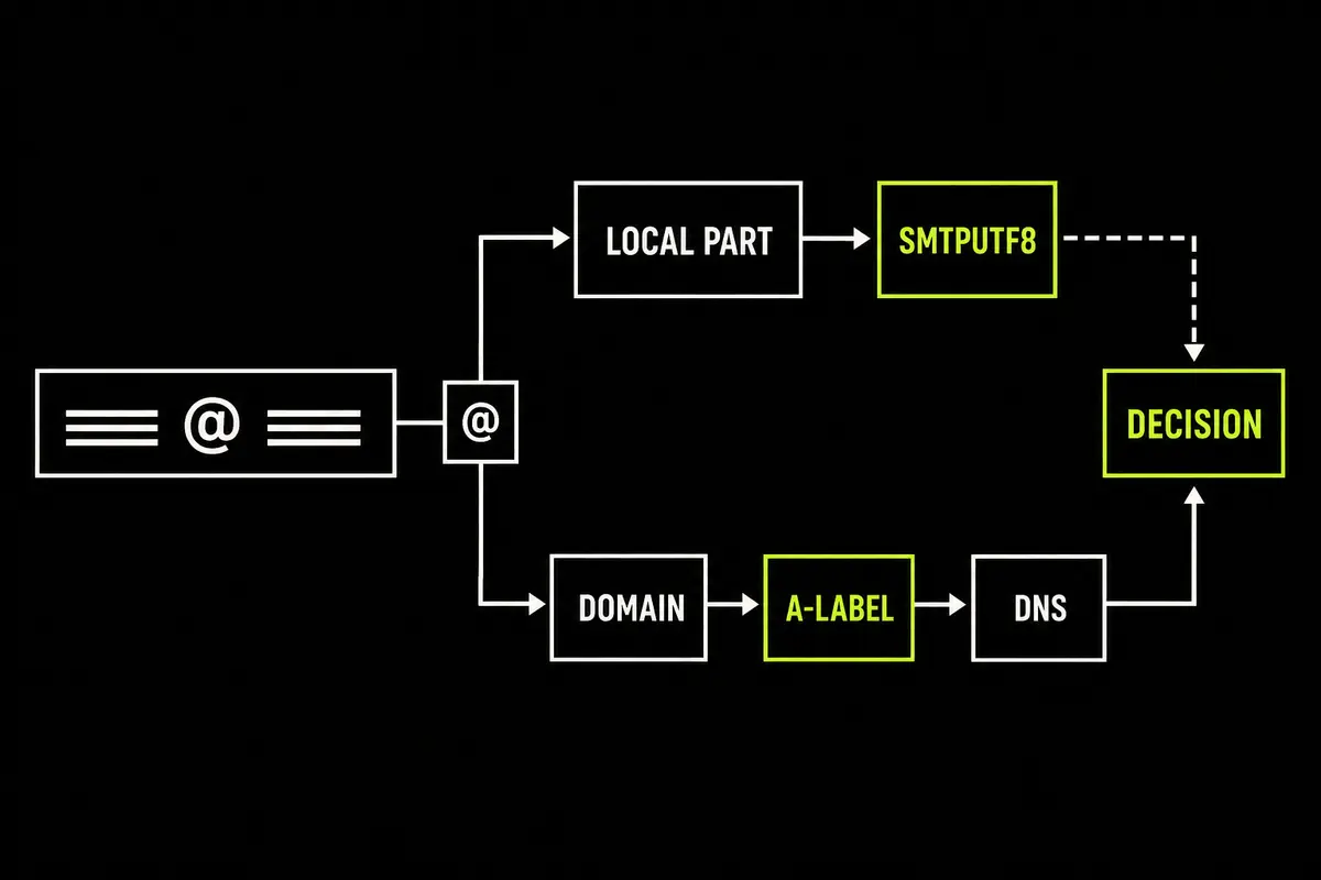 Internationalized email address split into a local-part path through an SMTPUTF8 gate and a domain path through A-label conversion and DNS before one decision.