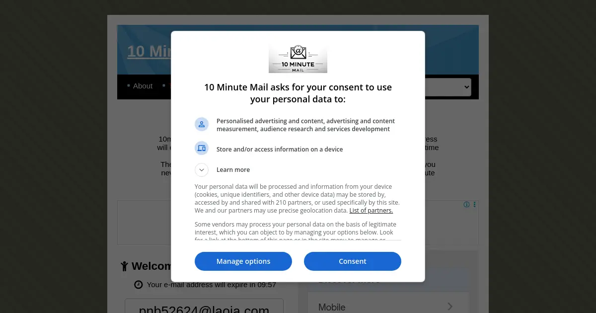 Website preview for 10minutemail.net