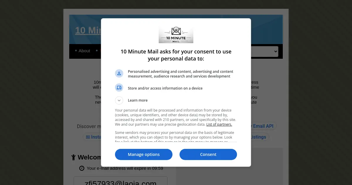 Website preview for 10minutemail.org