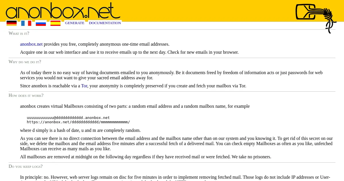 Website homepage preview for anonbox.net