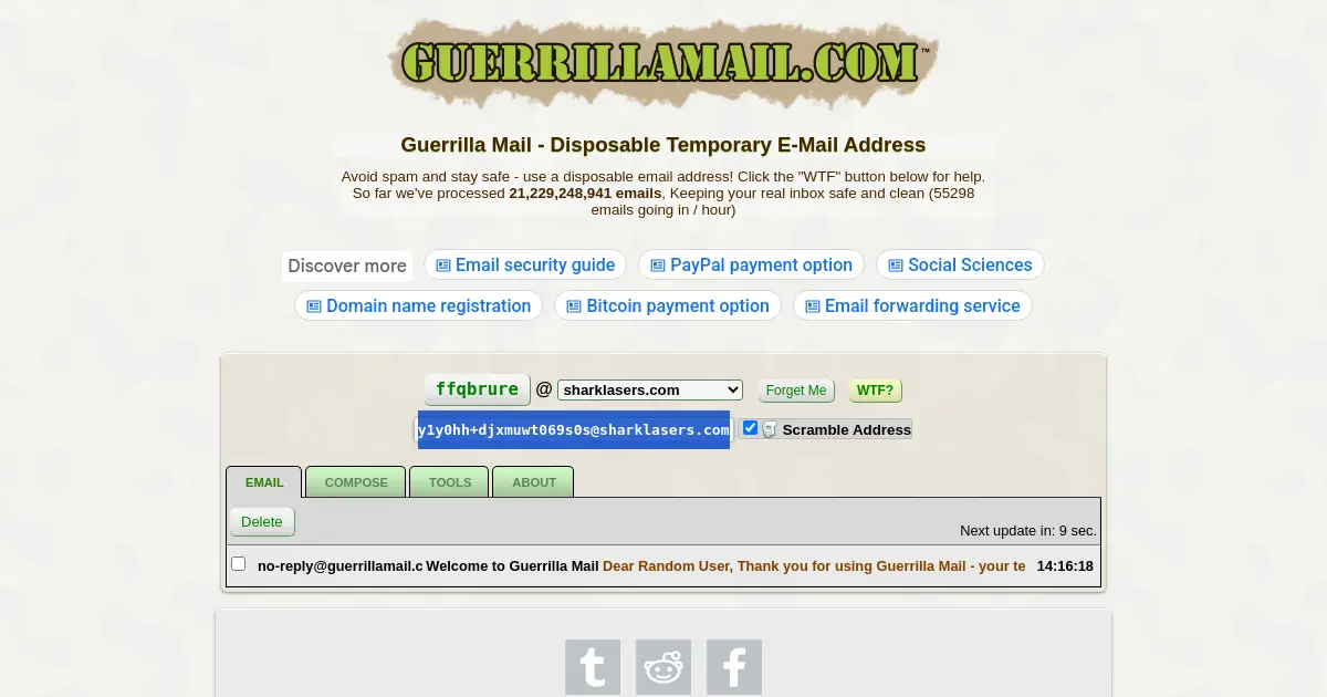Website homepage preview for guerrillamail.com
