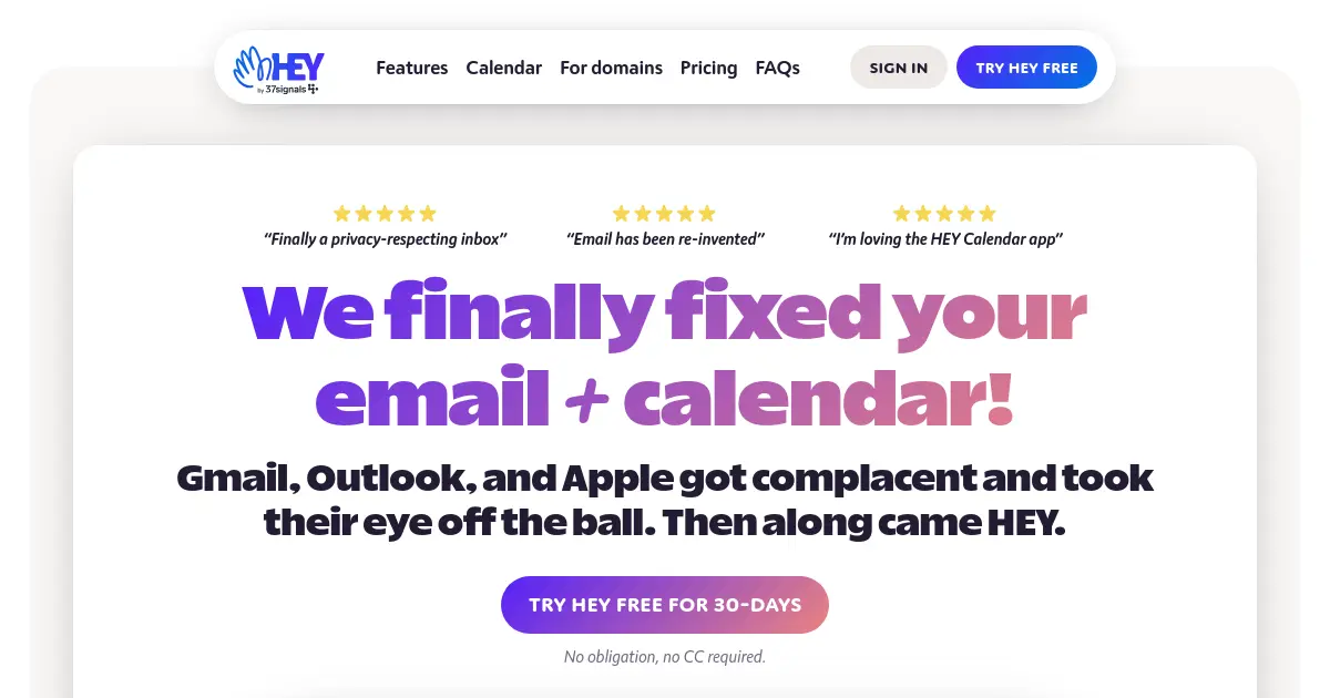Website homepage preview for hey.com