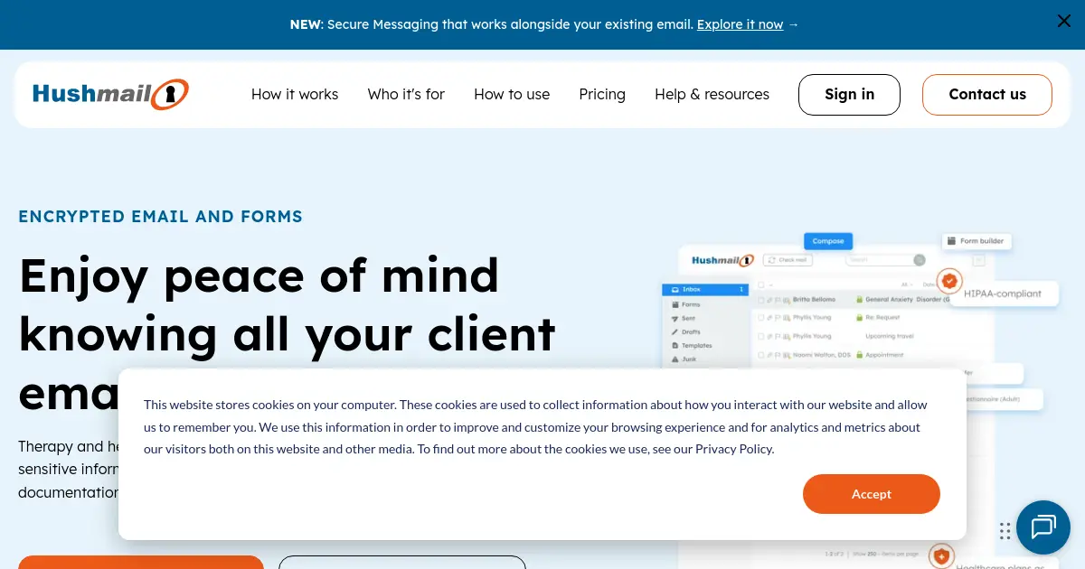 Website homepage preview for hushmail.com