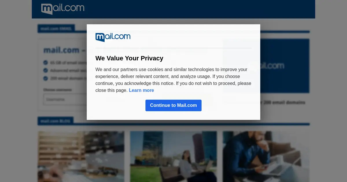 Website homepage preview for mail.com