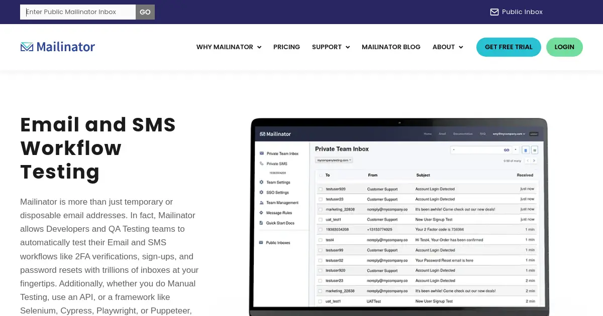 Website homepage preview for mailinator.com