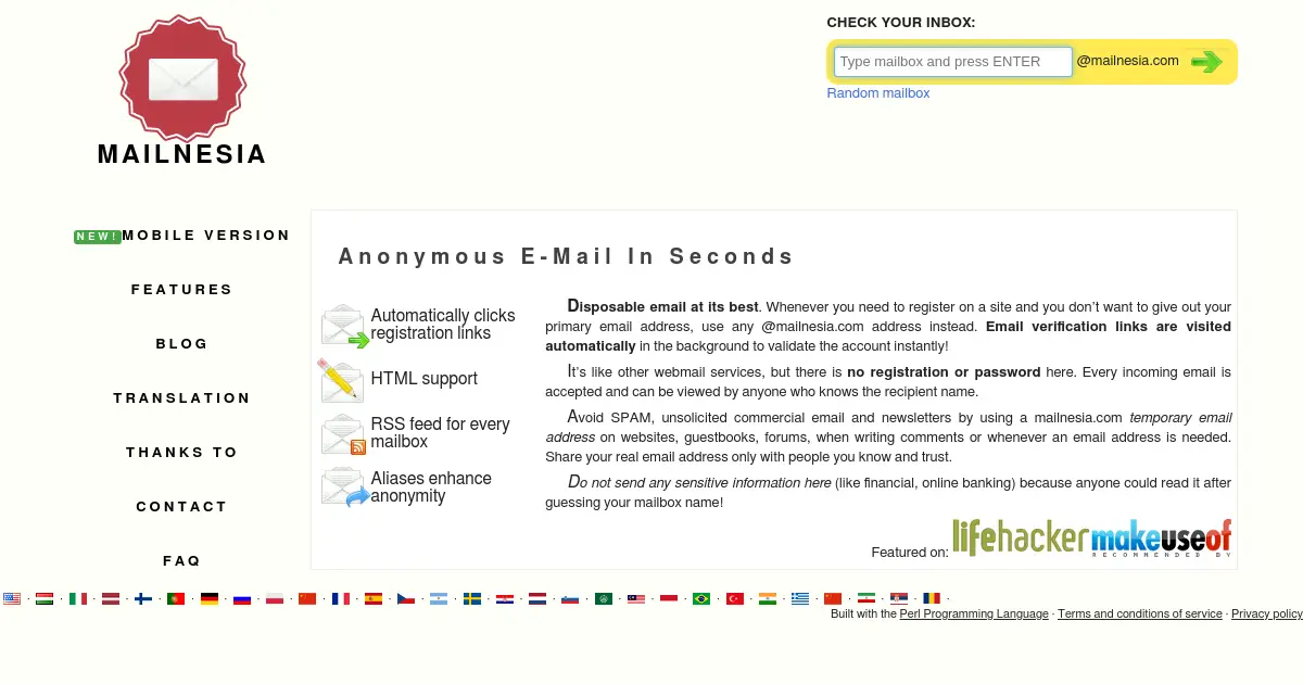 Website homepage preview for mailnesia.com
