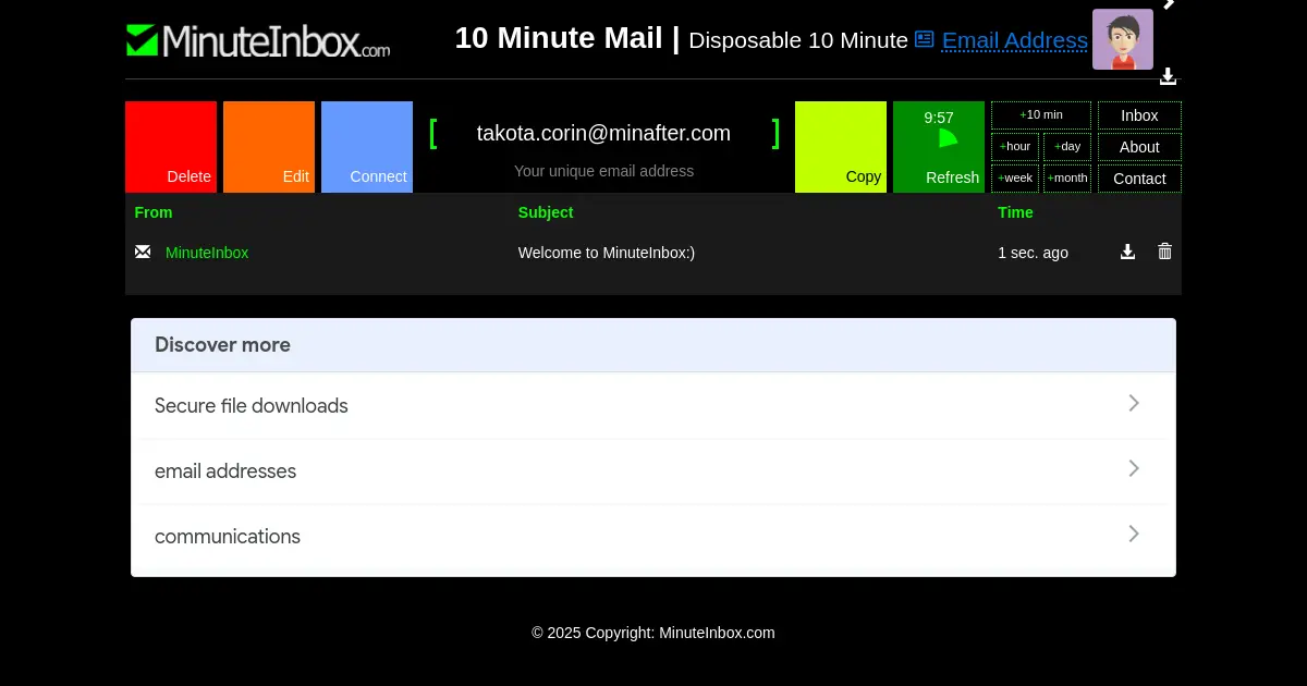 Website homepage preview for minuteinbox.com