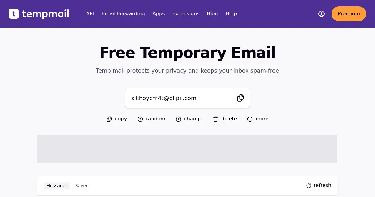 Website homepage preview for temp-mail.io