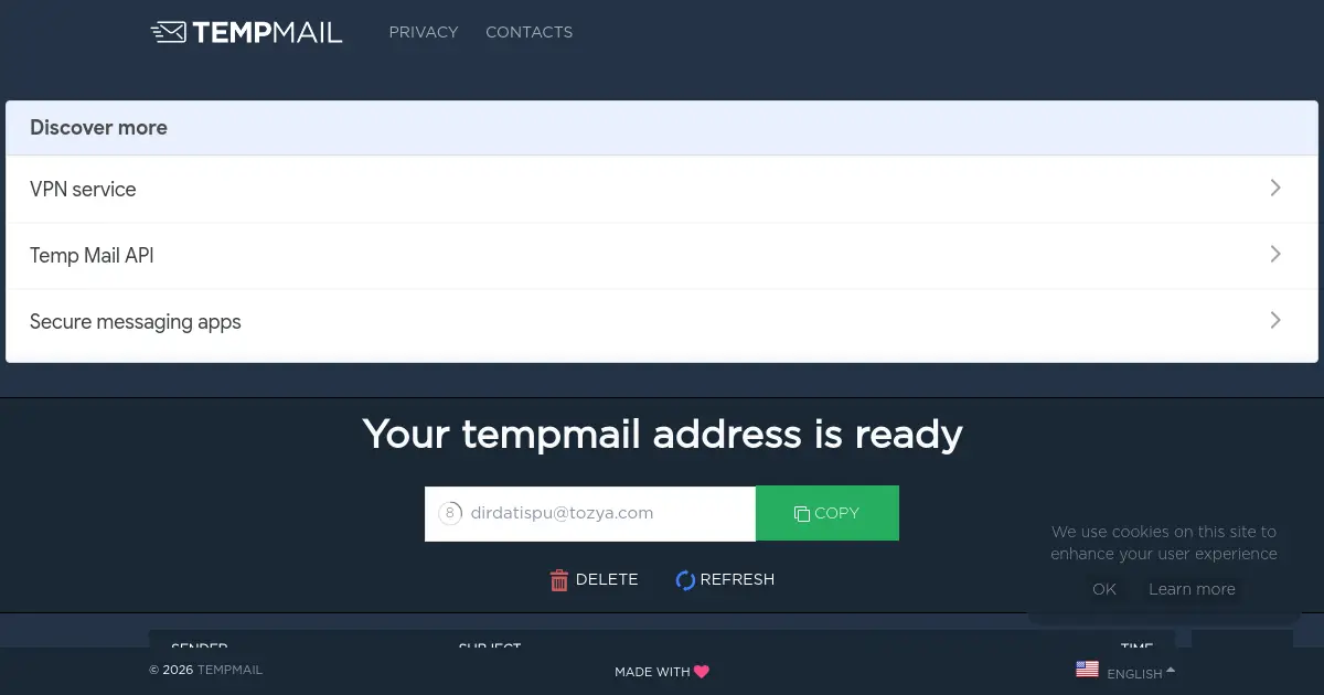 Website homepage preview for tempmail.net
