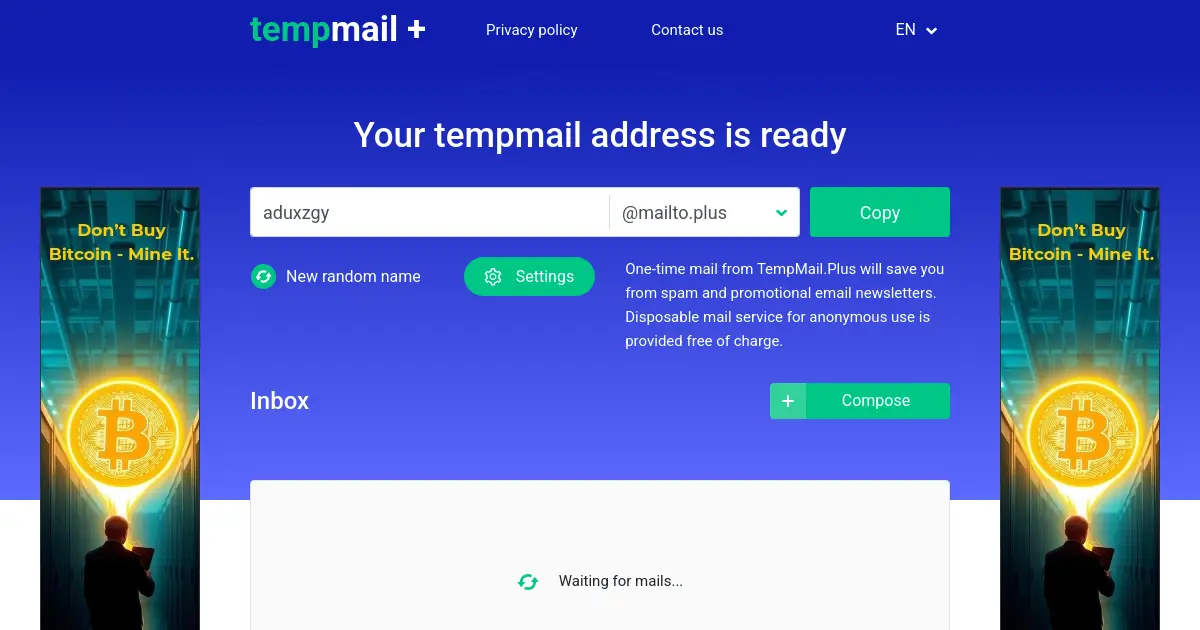 Website homepage preview for tempmail.plus