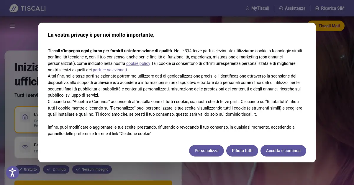 Website preview for tiscali.it