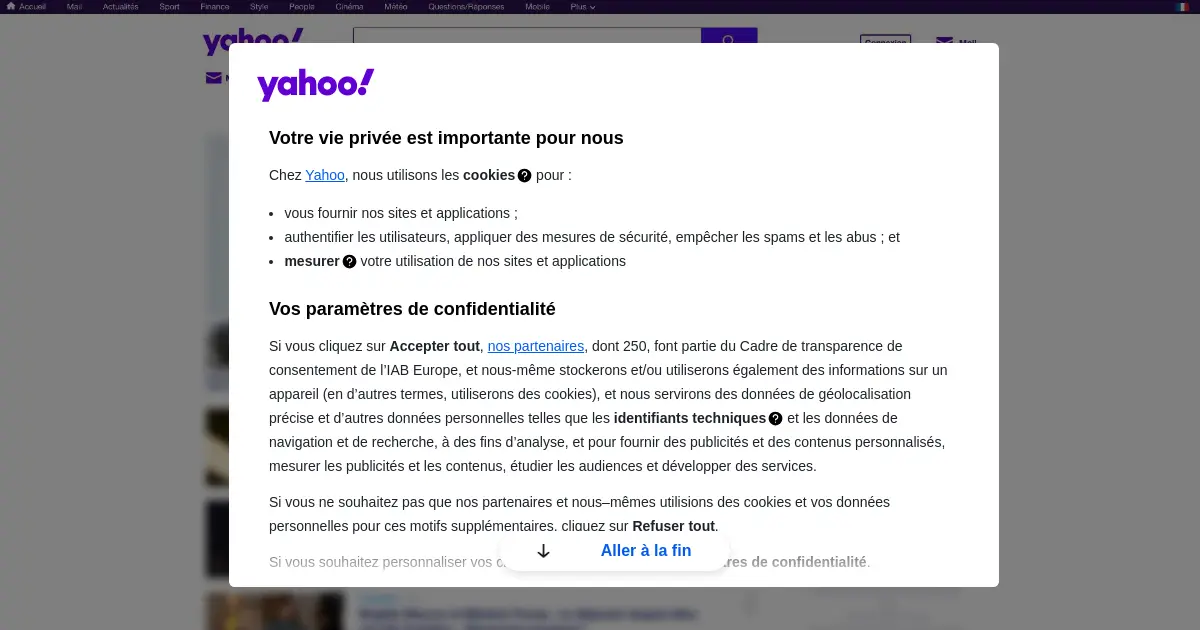 Website homepage preview for yahoo.fr