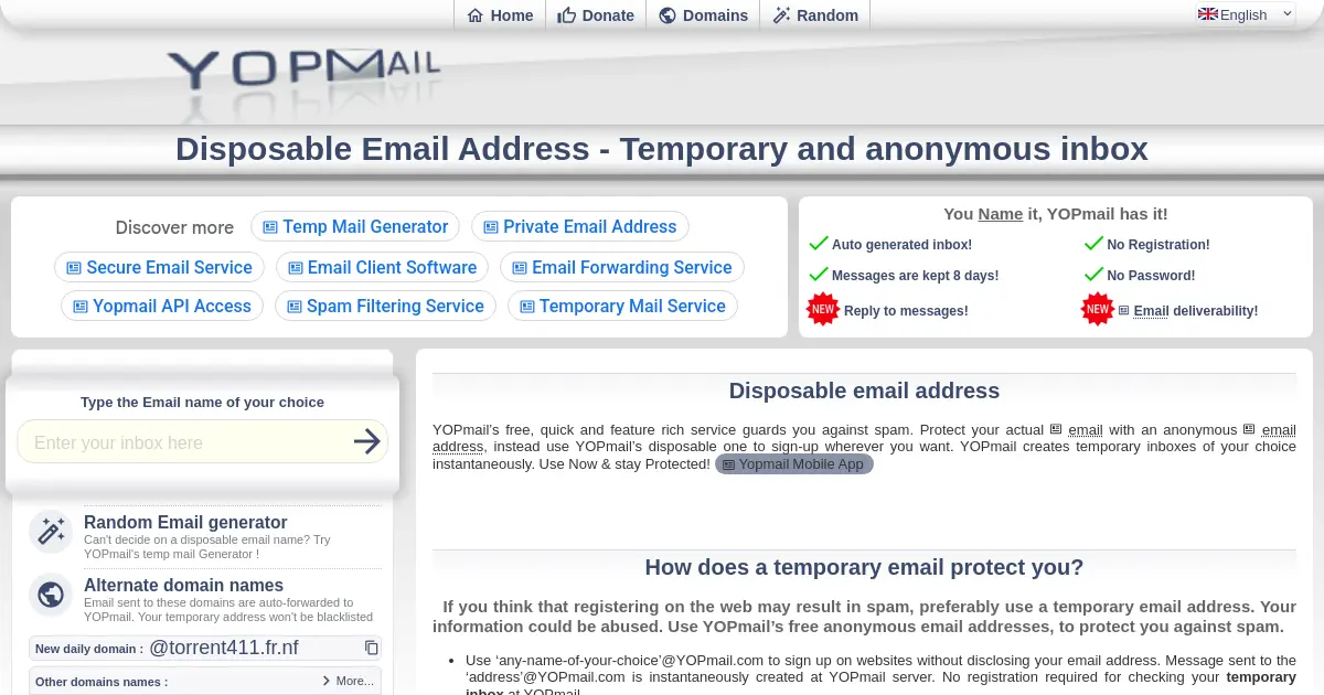 Website homepage preview for yopmail.com
