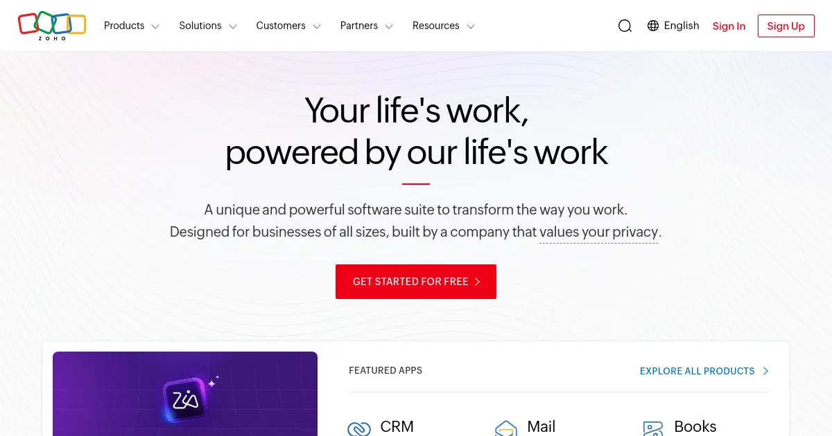 Website homepage preview for zoho.com