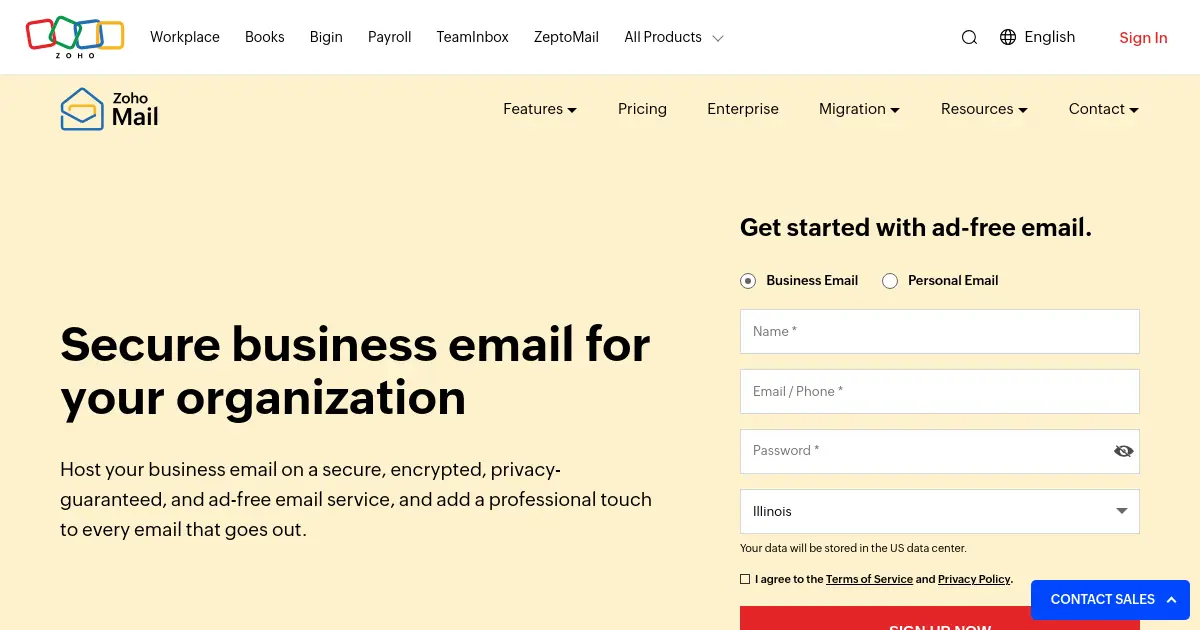 Website preview for zohomail.com